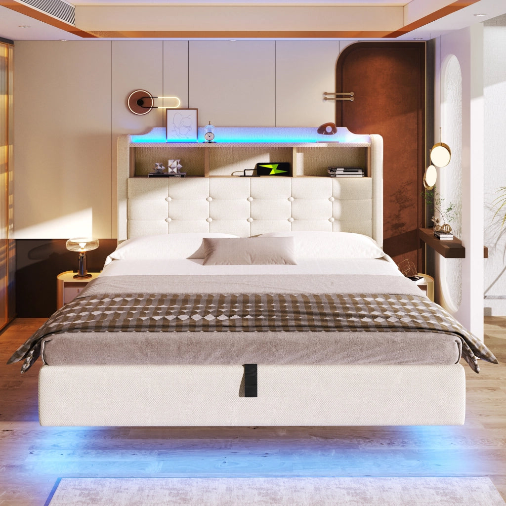 Letto matrimoniale 140 × 200 cm 2 posti con contenitore idraulico; LED; USB e porta tipo C; senza materasso; beige