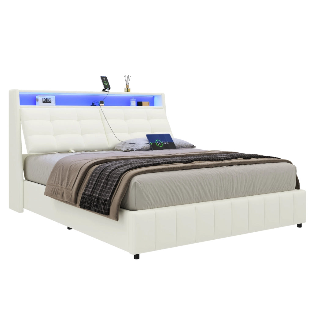 Letto contenitore 160 × 200 cm con LED a 7 colori USB testiera regolabile imbottita in PU MDF e compensato bianco