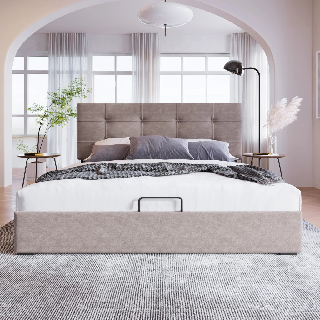 Letto matrimoniale imbottito 140 ¡Á 200 cm con contenitore testiera regolabile in velluto grigio chiaro