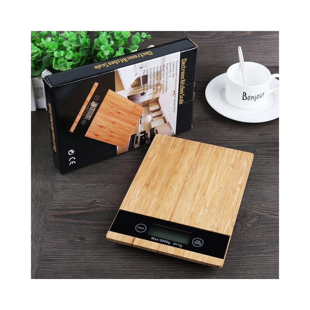 Trade Shop - Bilancia Da Cucina Digitale Di Precisione Pesa 1gr/5 Kg Tara Piatto Legno -