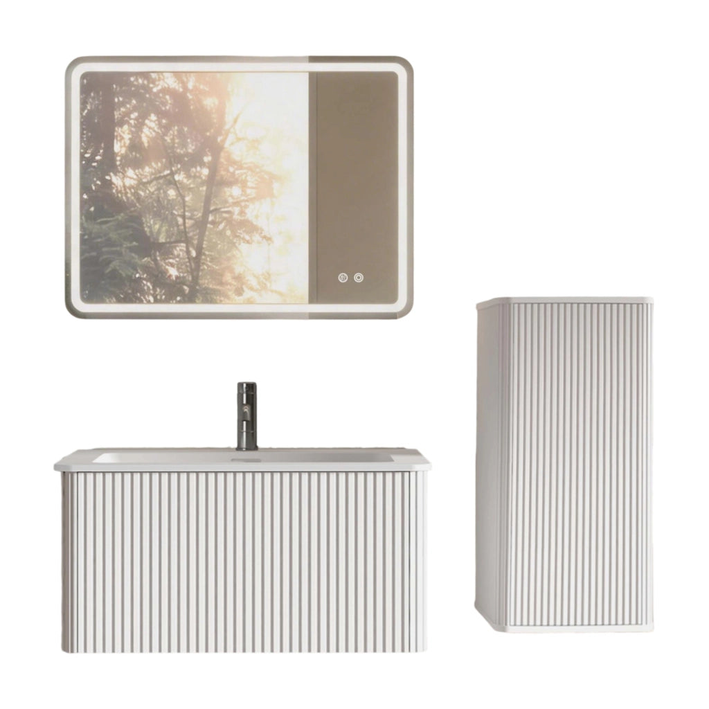 Mobile bagno sospeso con lavabo; colonna laterale e specchio LED regolabile antiappannamento; bianco con righe verticali