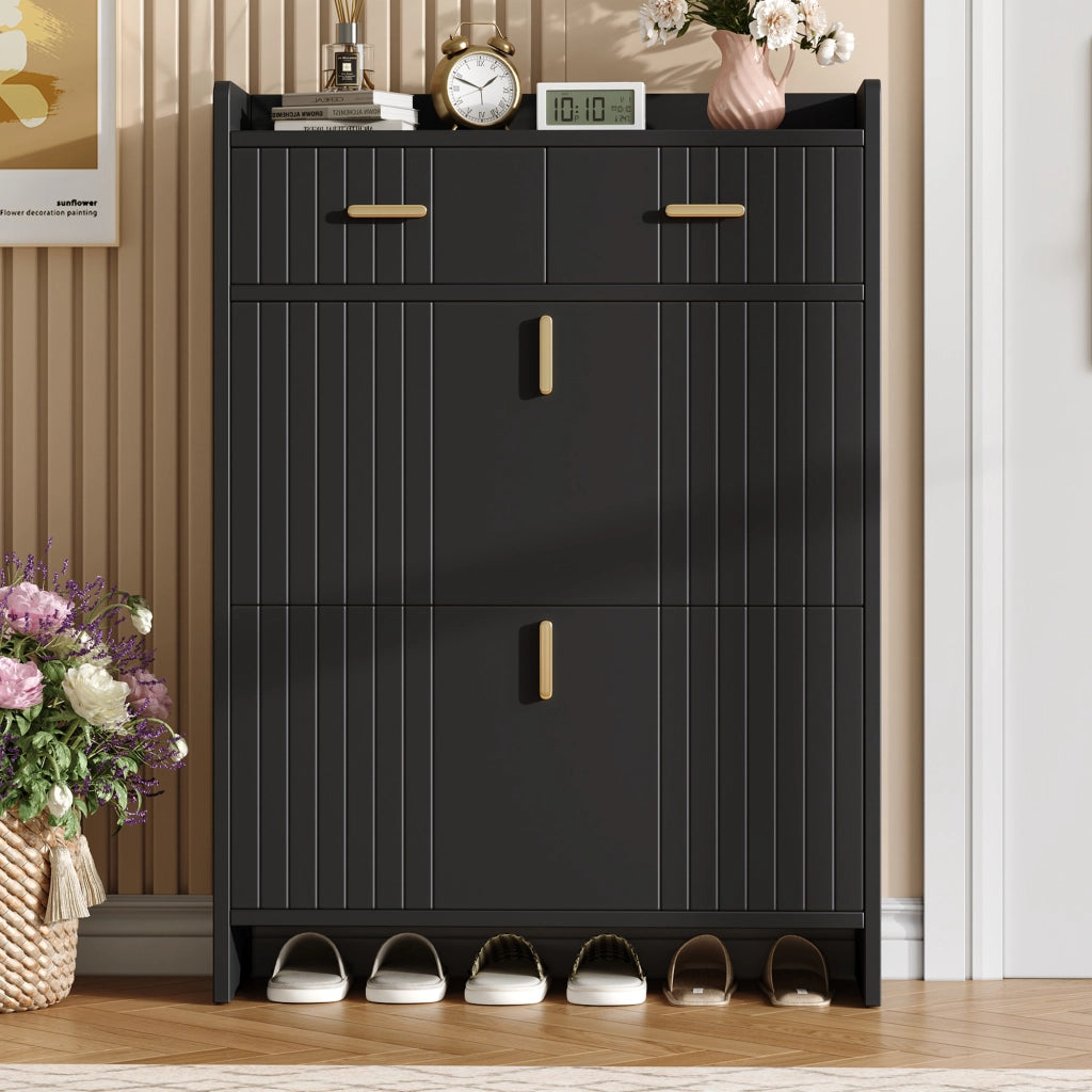 Scarpiera 75x24x108.5 cm con 2 vani a ribalta e cassetto in pannello di particelle nero