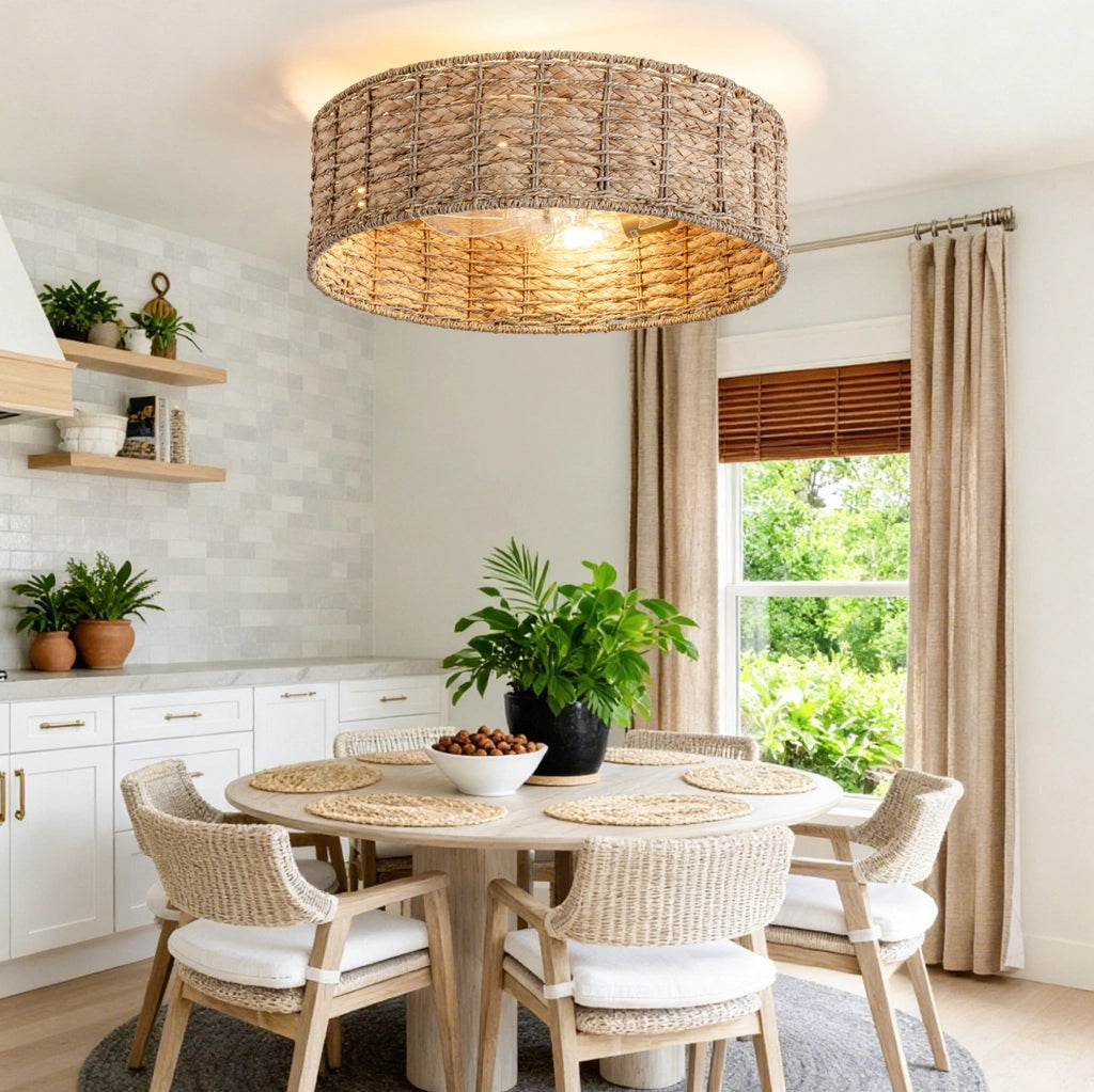 Ventilatore da soffitto 19 pollici in rattan naturale con luce, controllo doppio tramite app e telecomando, 6 velocità reversibili, pale in ABS silenziose