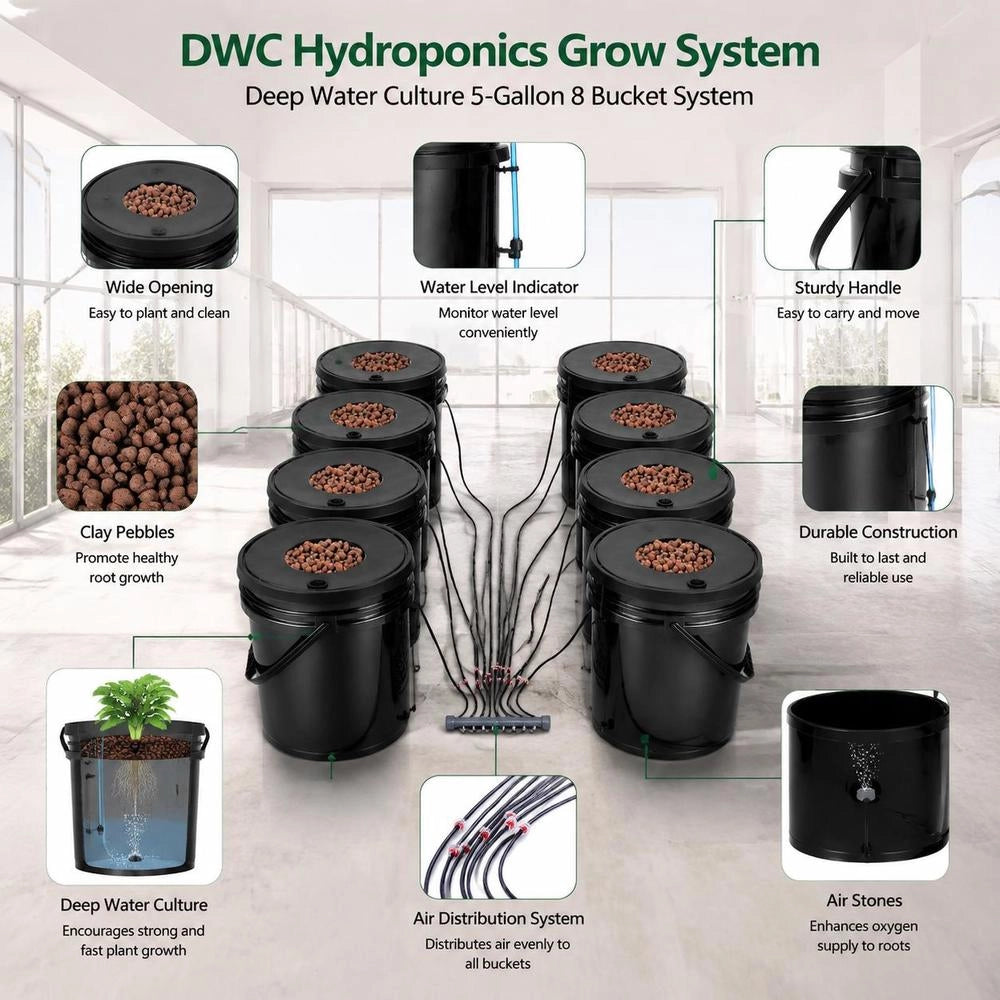 DWC Hydroponics Grow System, Hydroponic Growing System, Deep Water Culture 5-Gallon 8 Buckets, DWC System With Air Pump, Air Stones And Water Level Indicator For Leafy Greens
