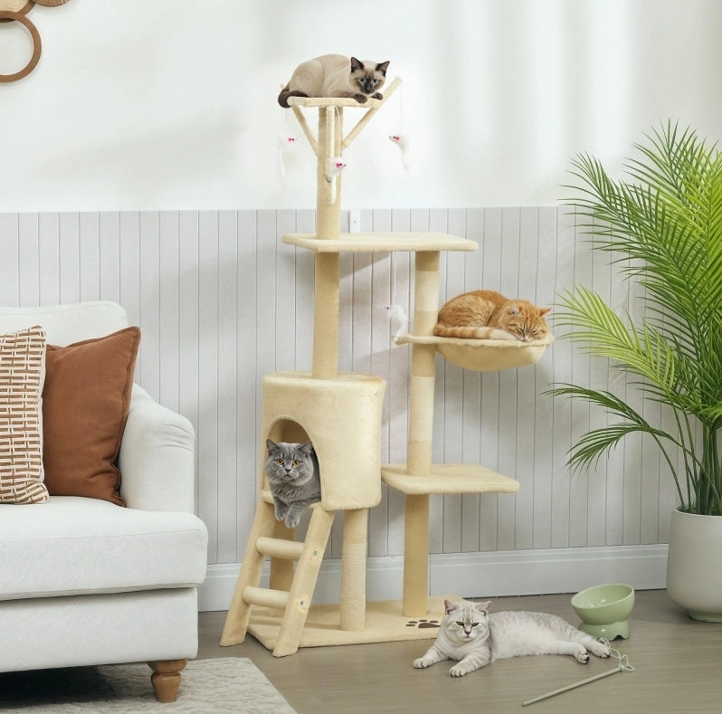 Tiragraffi per gatti beige con cuccia, piattaforme, giochi e colonne in sisal per gatti fino a 5 kg