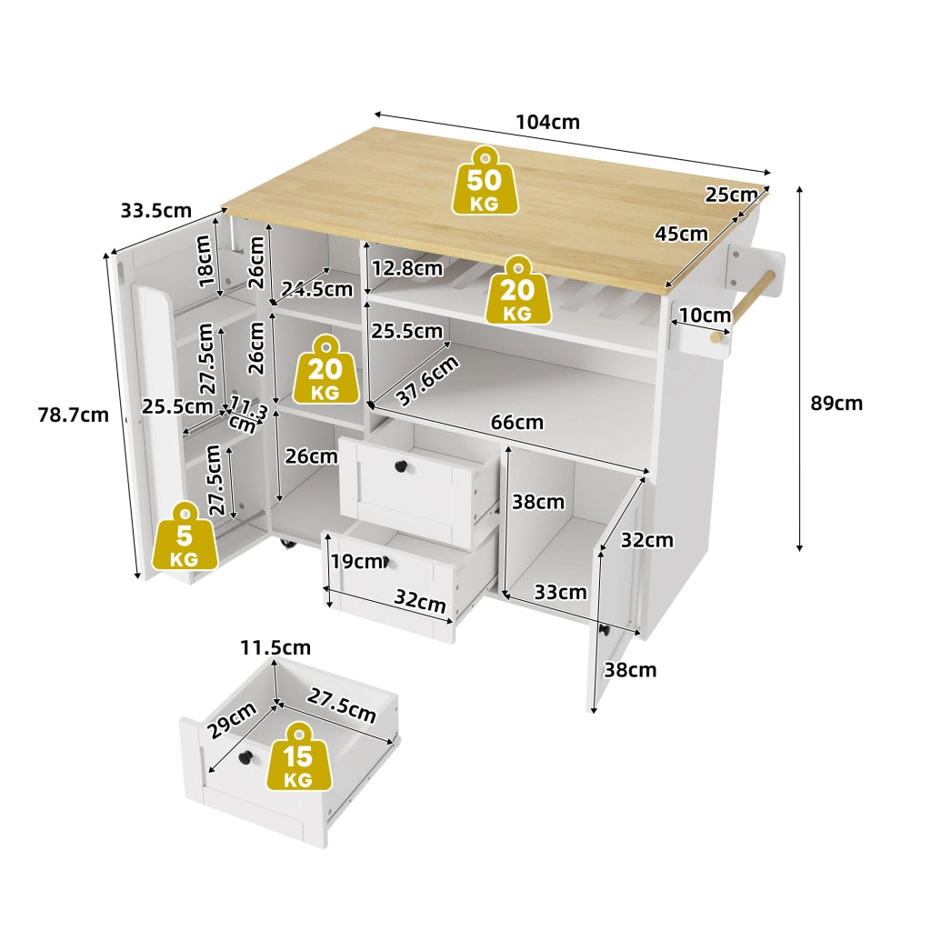 ISOLA CUCINA pieghevole 104x45(69)x89 cm MDF naturale/bianco