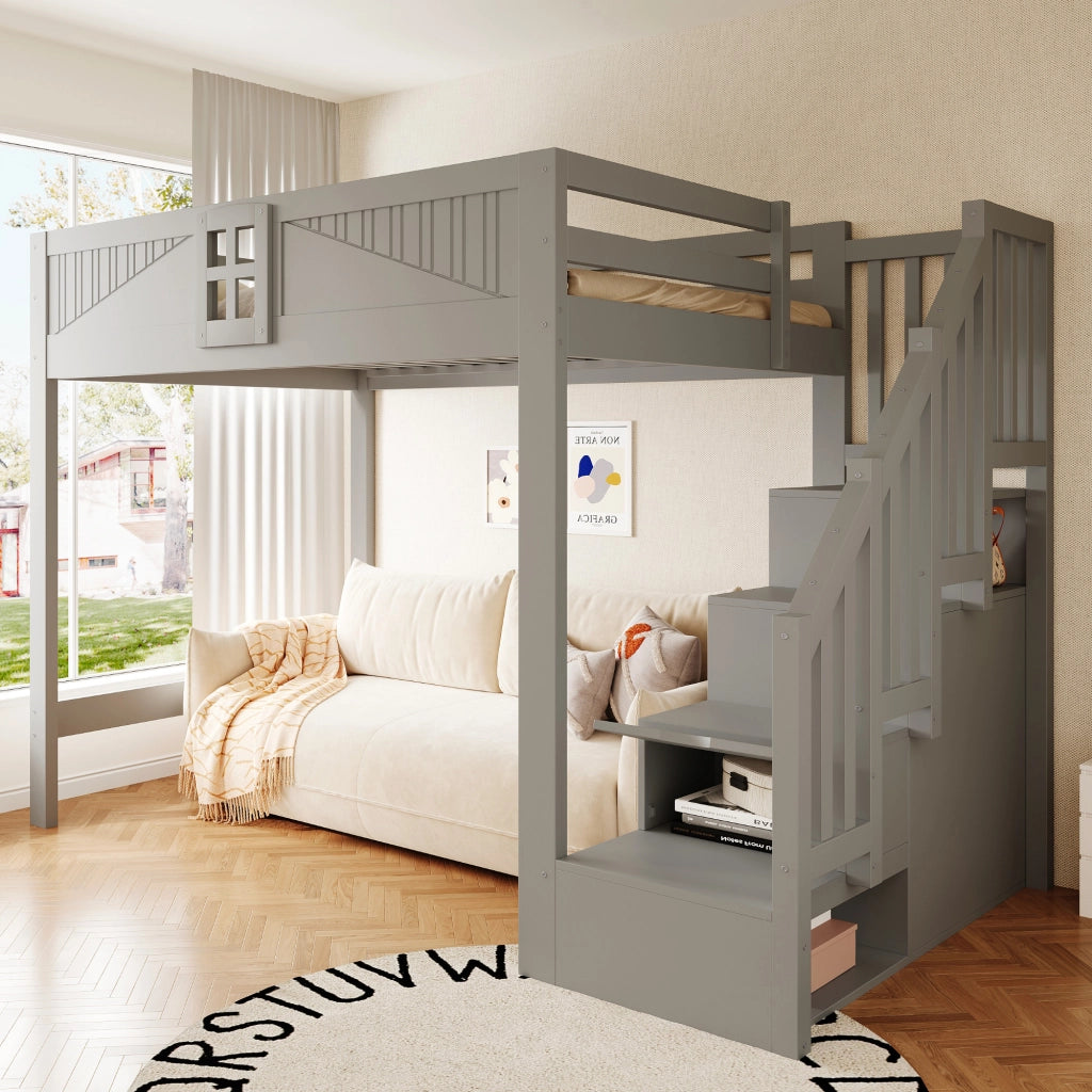 Letto a soppalco 140 x 200 cm - letto multifunzione con scaletta contenitore reversibile, contenitori e sponde con finestra - legno/MDF - grigio