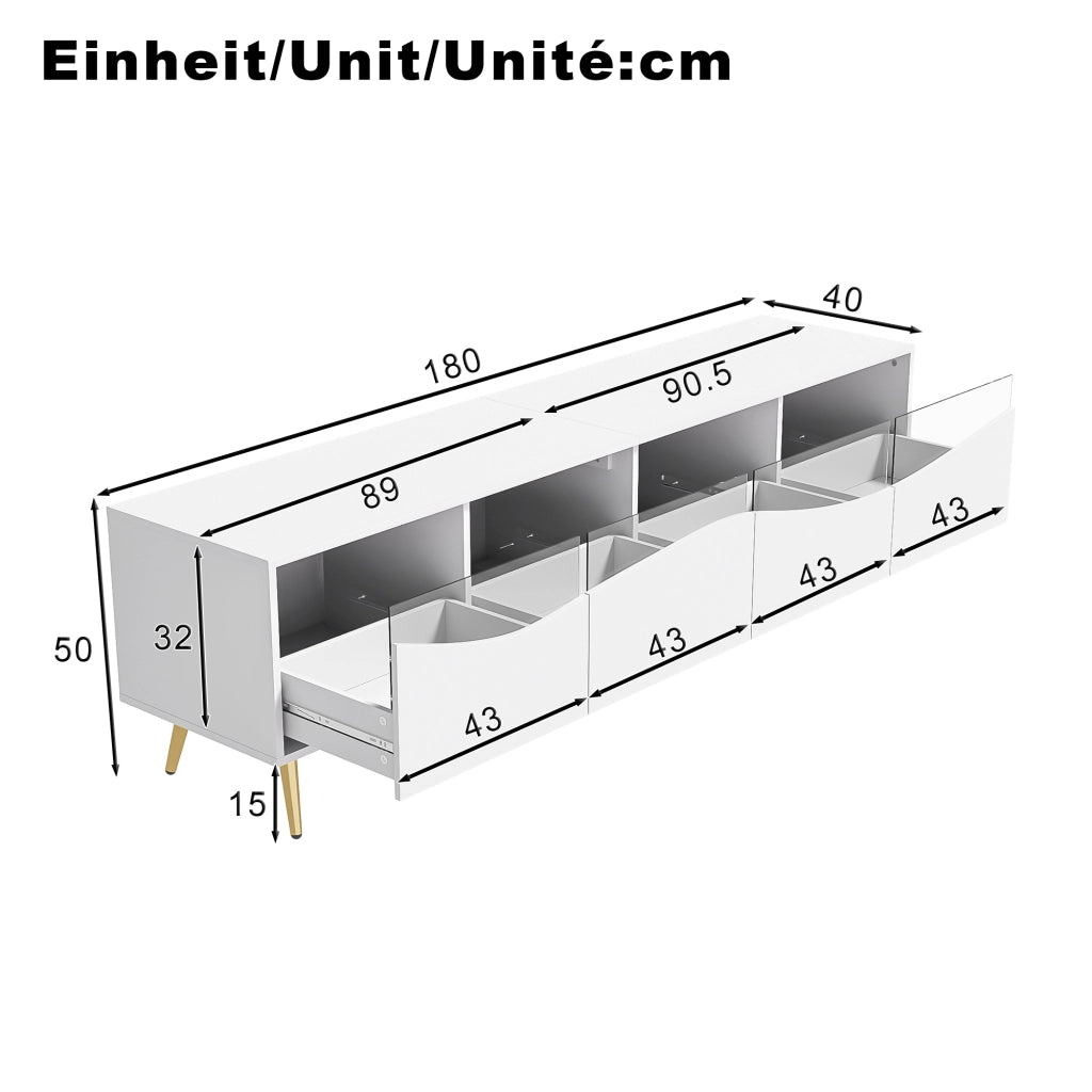 Mobile TV con LED controllabile via Bluetooth; frontali in vetro e passacavi; MDF bianco 180 × 40 × 50 cm