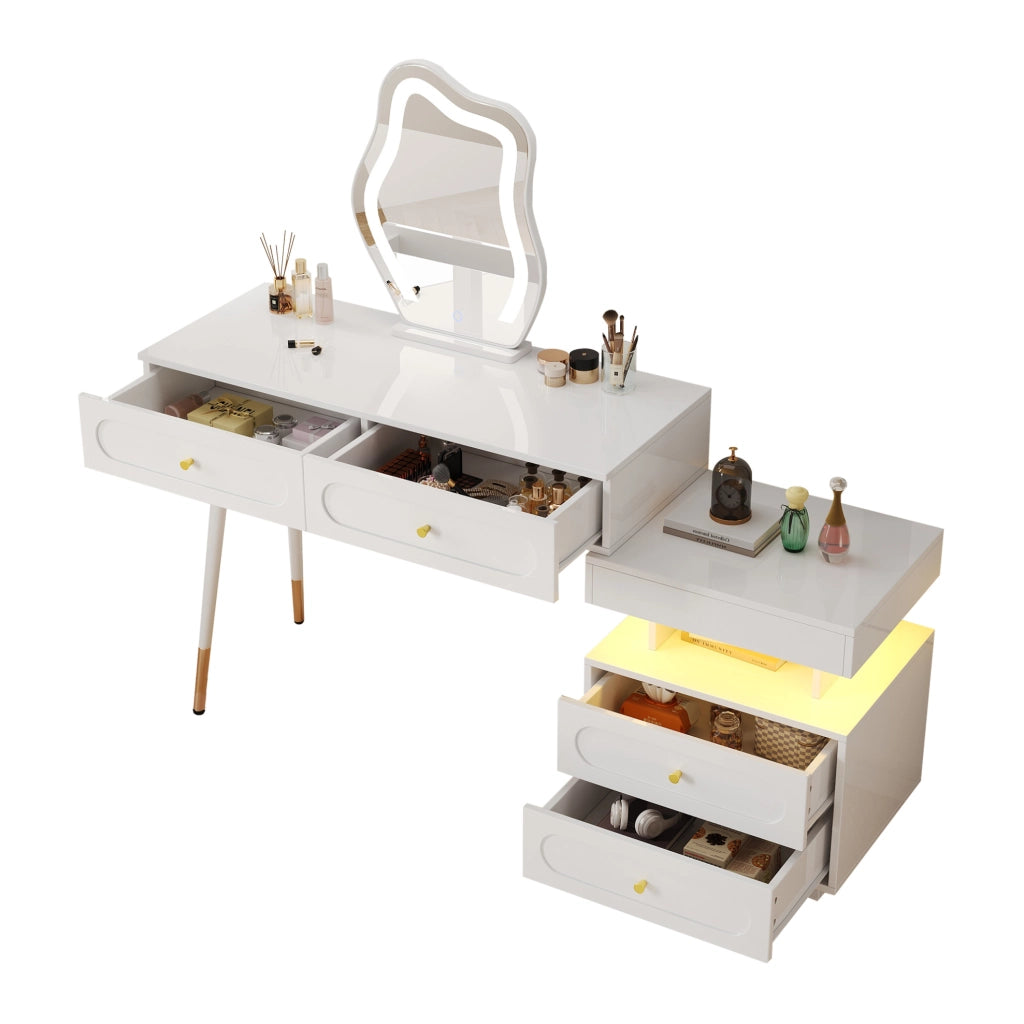 Toeletta con specchio LED 140x40x130 cm con 4 cassetti bianca HAVRYA