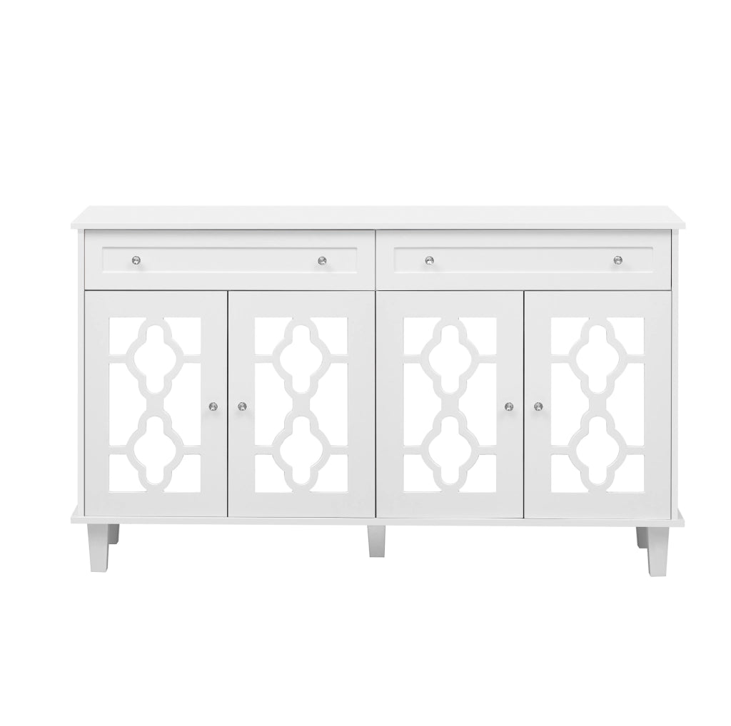 Credenza da 140 cm con 4 ante a specchio e 2 cassetti in MDF bianco