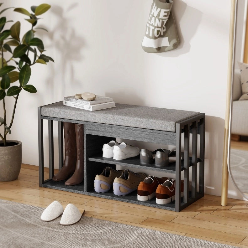 Panca Porta Scarpe con 3 Ripiani, Grigia, 86x30x45 cm, per Ingresso e Soggiorno