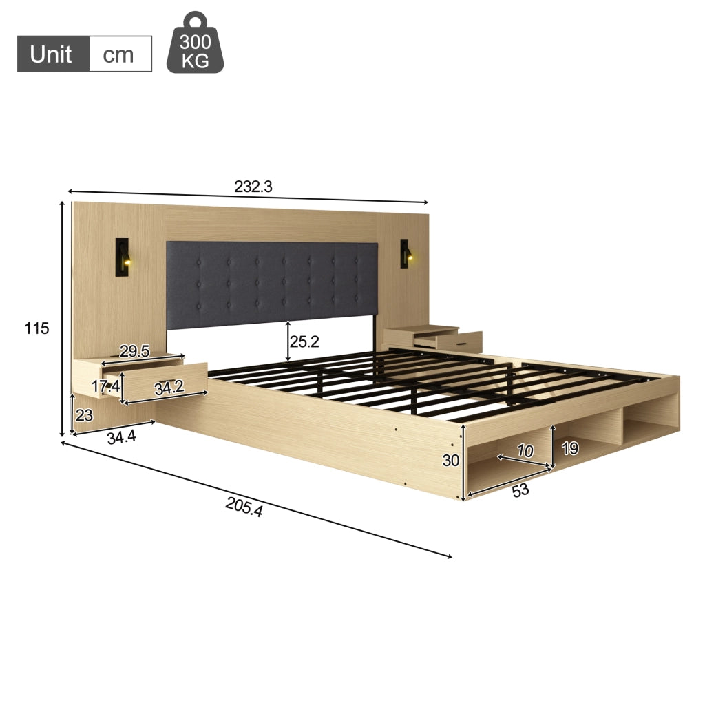 Letto contenitore 160 × 200 cm con comodini; vani aperti; luci orientabili; USB e Type-C in MDF rovere chiaro