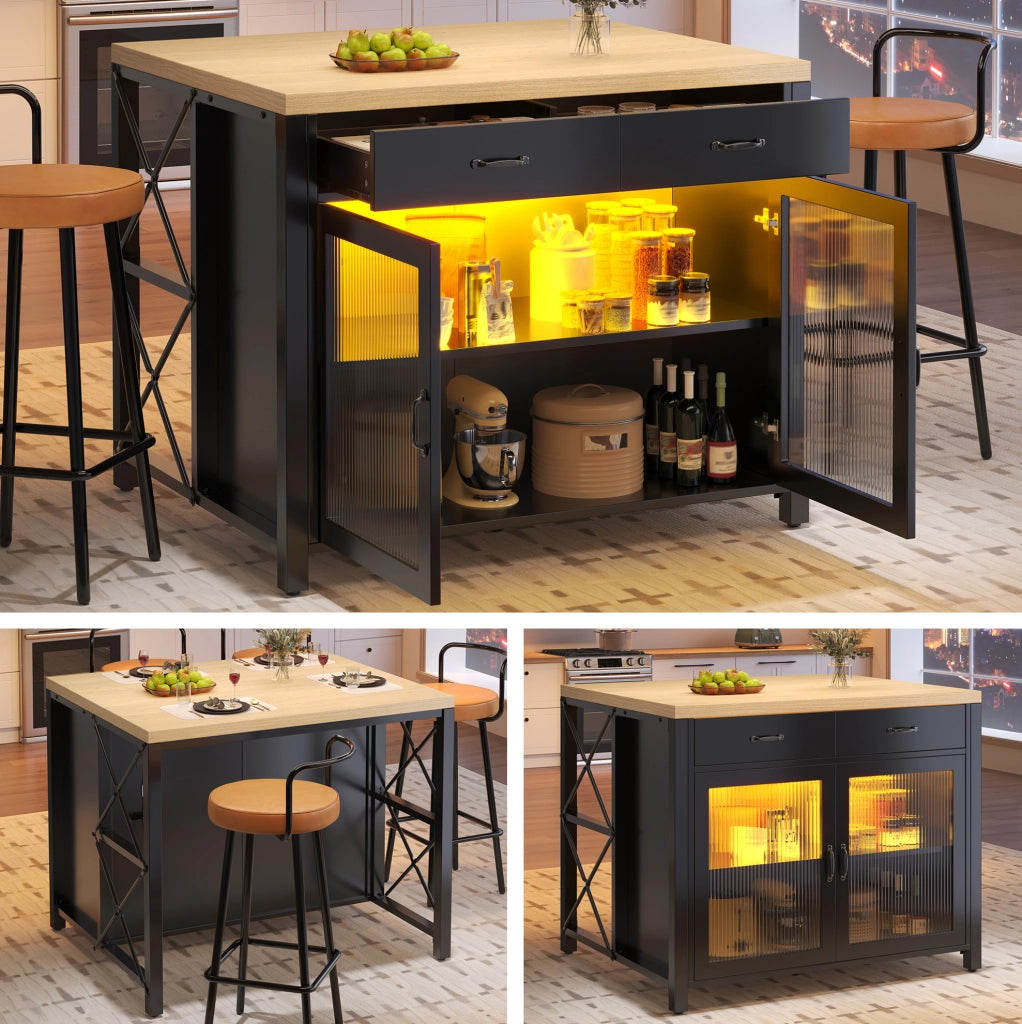 Isola da cucina 100x80x90 cm in MDF e vetro nero con LED e contenitore
