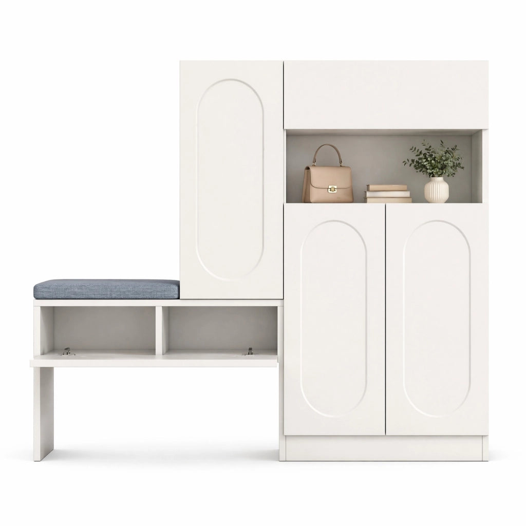 Scarpiera con panca 130x35x110 cm in truciolare; ante soft-close e cuscino grigio