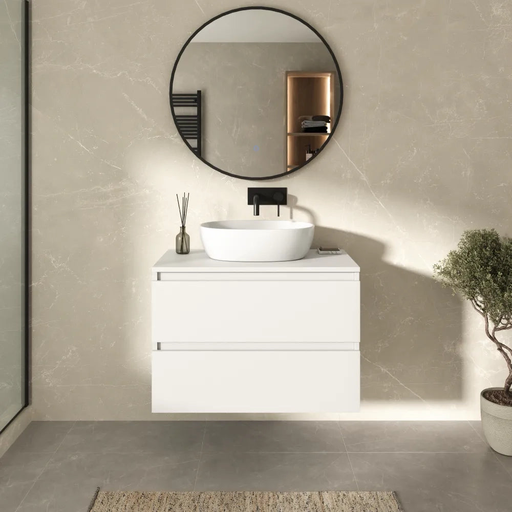 Mobile bagno sospeso 100cm due cassetti bianco opaco con top | Hexa