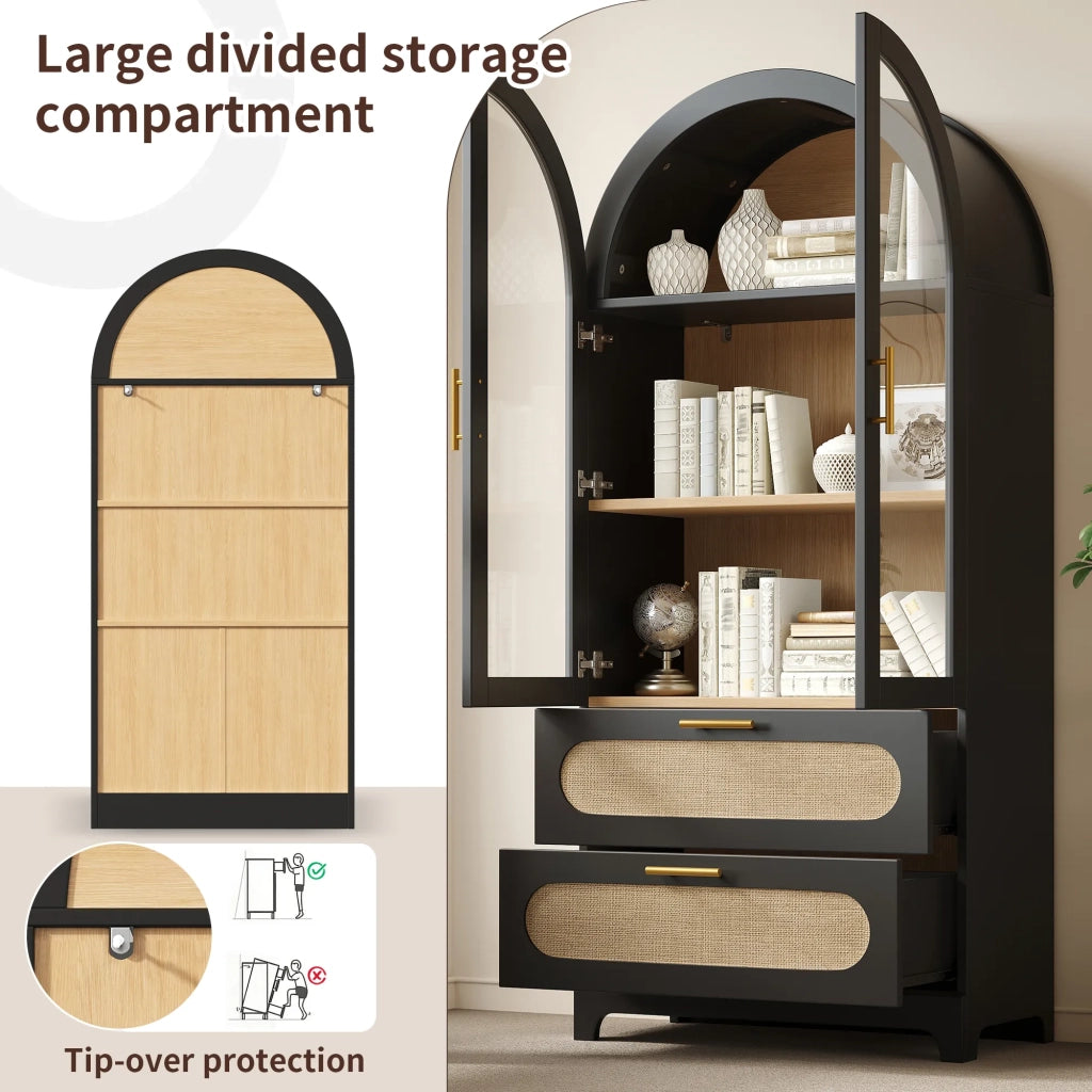 Vetrina Retro Nera 175x80x40 cm con 2 Ante Arco Montmartre, Libreria con 2 Cassetti e Ripiani Regolabili