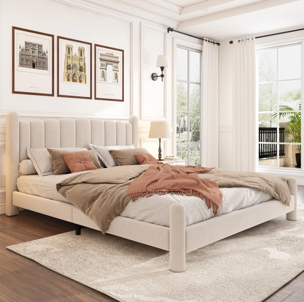 Letto 180x200 cm con rete a doghe e testiera ondulata in velluto beige