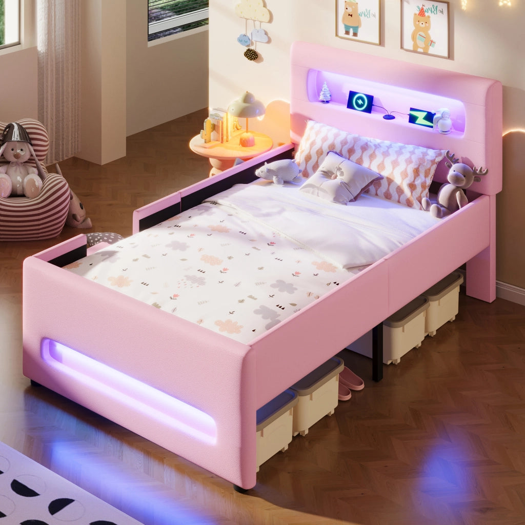 Letto Contenitore Imbottito 90x200 cm con Cassetti; LED; USB; Rosa