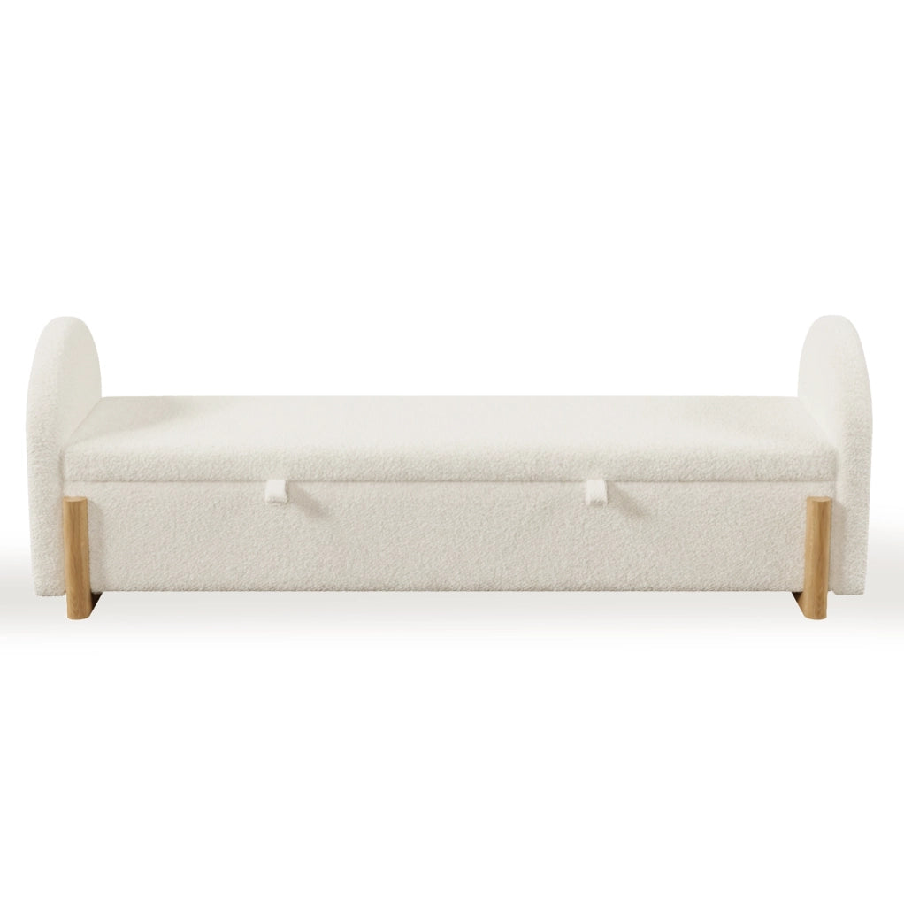 Panca contenitore con spazio idraulico 166x47x61 cm in tessuto bouclé bianco con gambe ad U in legno di gomma