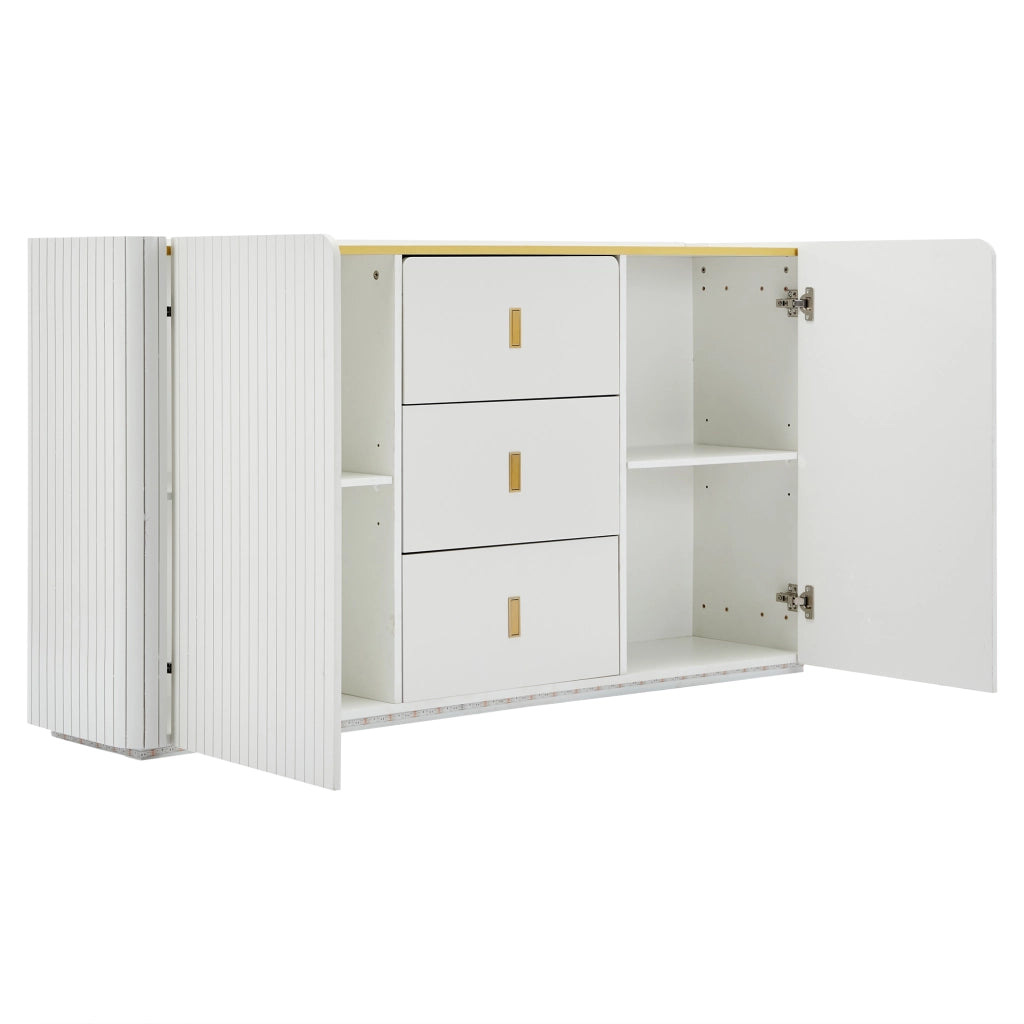 Credenza e madia con LED Bluetooth, 2 ante e 3 cassetti, per soggiorno e cucina, in truciolare bianco, 150 × 35 × 80 cm