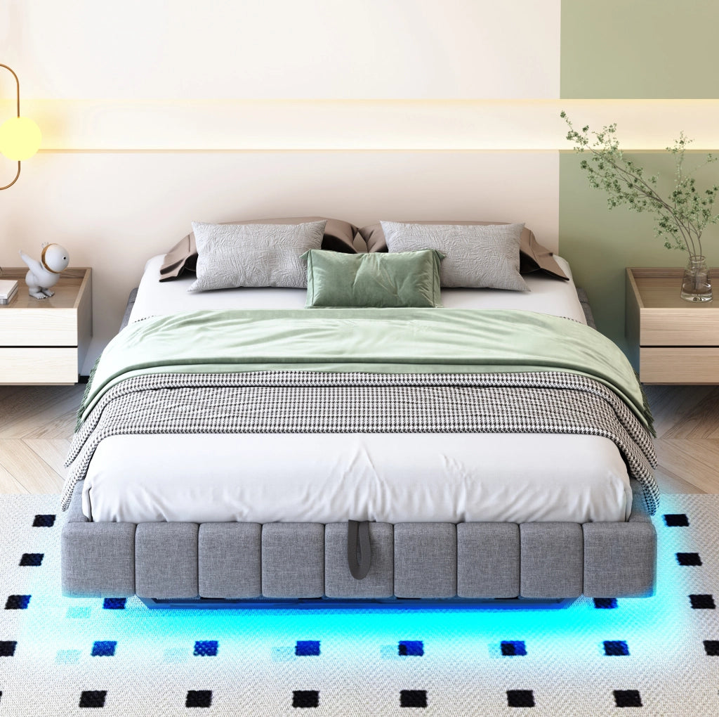 Letto imbottito sospeso 160x200 cm con vano contenitore e luce LED
