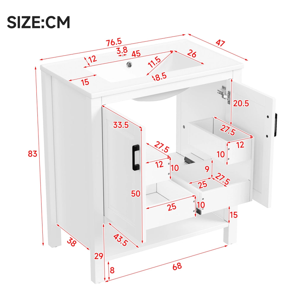 Mobile da bagno indipendente 76,5x47x83 cm con lavabo in ceramica integrato e doppia anta, finitura bianca completa