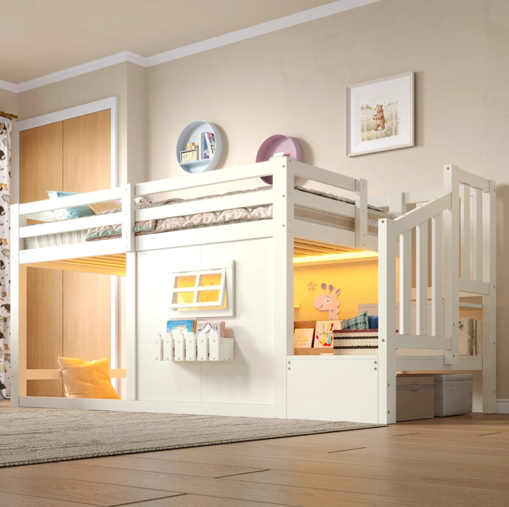 Letto a soppalco singolo 90x200 cm con scala contenitore e LED bianco HOMVRA