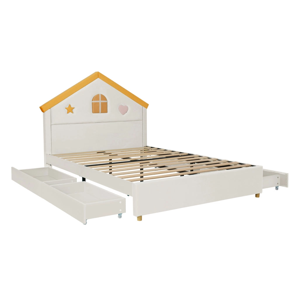 Letto per bambini 140x200 cm con struttura a casa, imbottito in velluto beige, con 4 cassetti contenitori