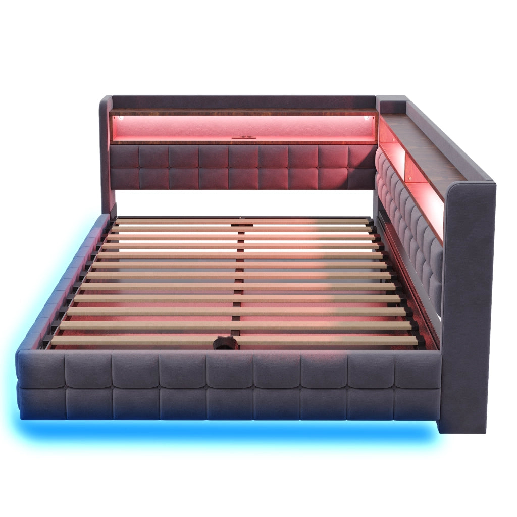 Divano letto 140 × 200 cm con vano contenitore idraulico; ripiani in legno; LED e prese USB Type-C grigio