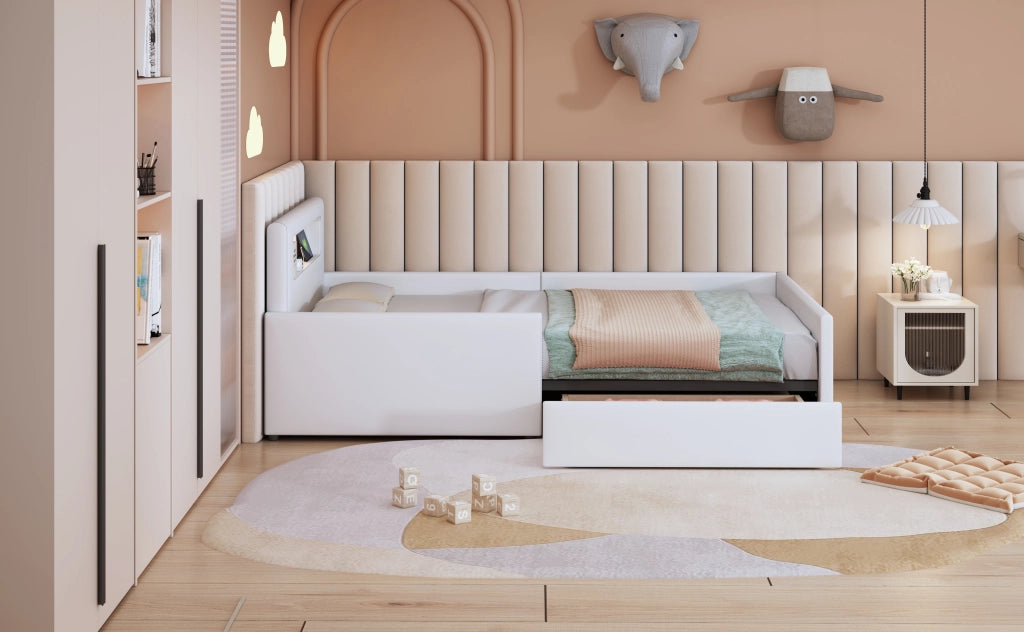 Letto singolo imbottito per bambini 90 × 200 cm con luce notturna USB cassetti e sponde rialzate bianco
