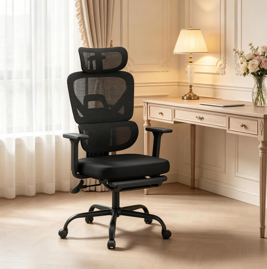 Sedia da ufficio ergonomica nera con poggiapiedi regolabile