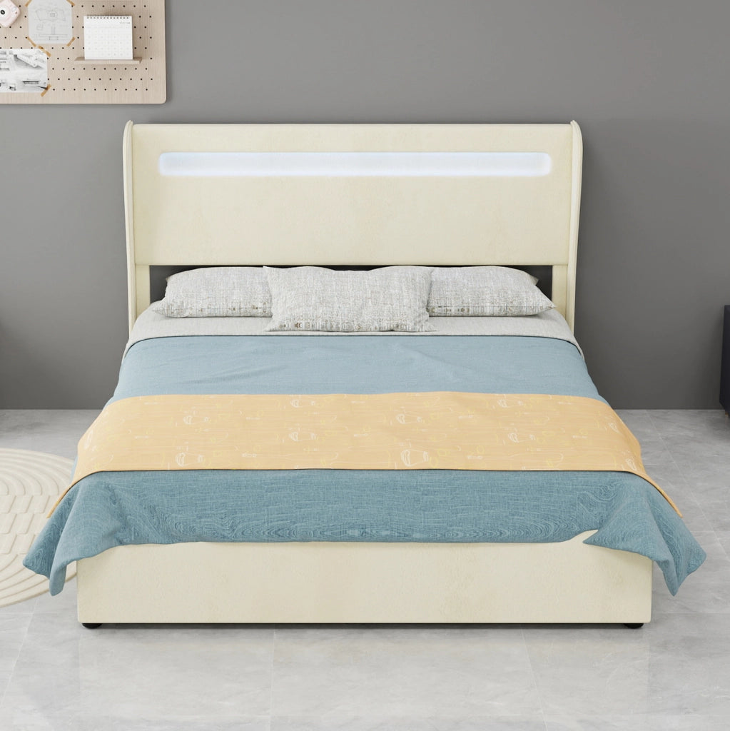Letto 140x200 cm con testiera regolabile e LED multicolore in tessuto e metallo beige