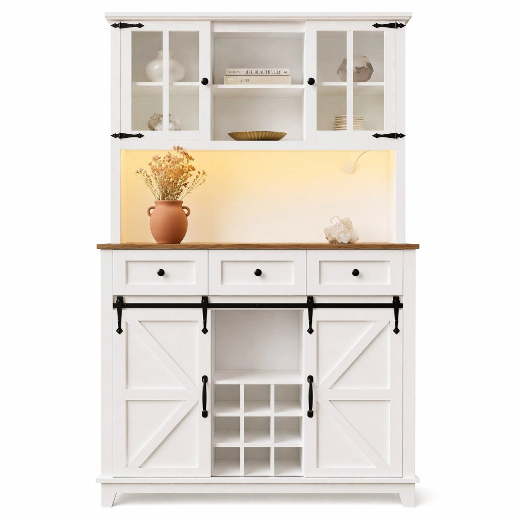 Credenza alta da cucina 105x38,4x180 cm in MDF bianco con LED, ante scorrevoli e ripiani regolabili
