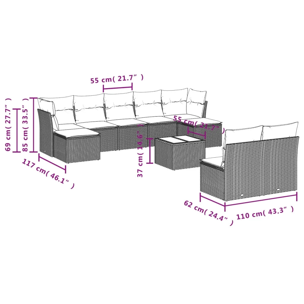 Set Divano da Giardino 10 pz con Cuscini Grigio in Polyrattan