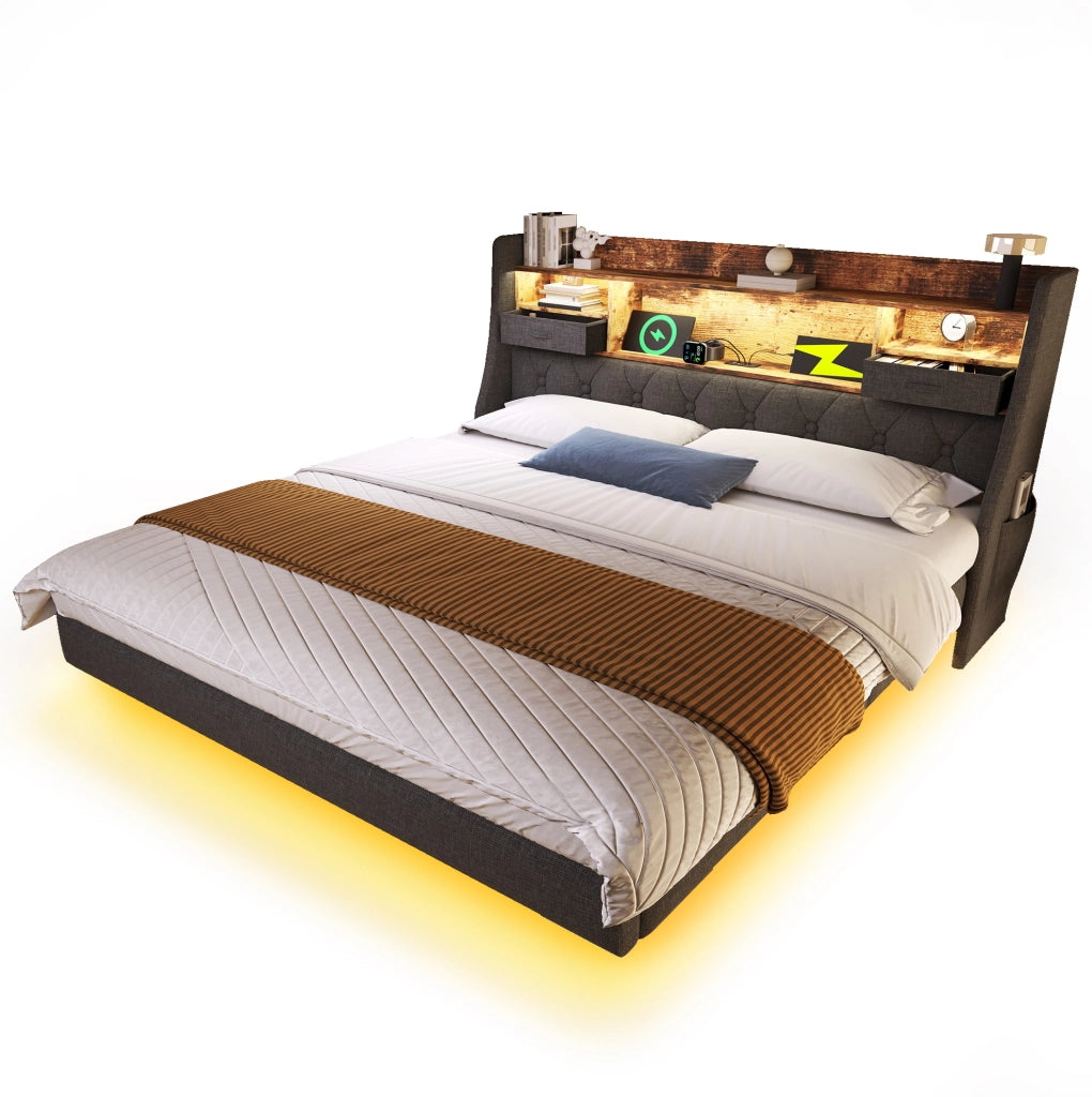 Letto imbottito 140x190 cm con illuminazione LED, testiera con porta USB e Type-C, design moderno con piano a doghe, rivestimento in lino grigio (senza materasso)