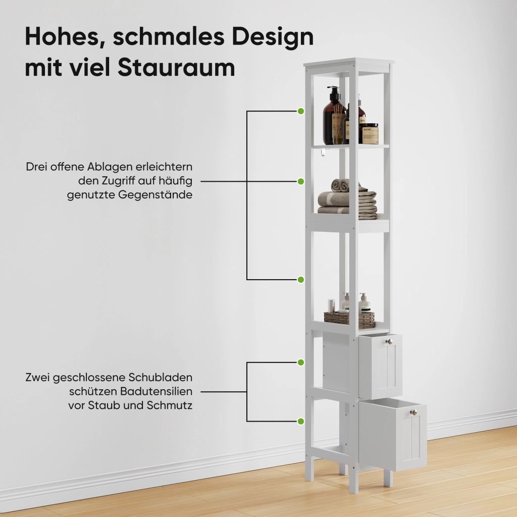 Colonna da bagno con 2 cassetti e 3 ripiani aperti in MDF bianca per spazi ridotti 20 × 30 × 160 cm