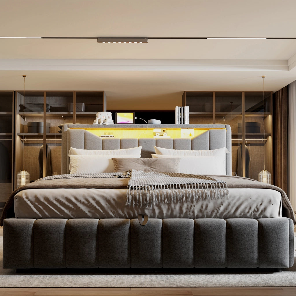 Letto contenitore matrimoniale 180 × 200 cm con LED, USB e USB-C, testiera con vano, senza materasso, tessuto grigio