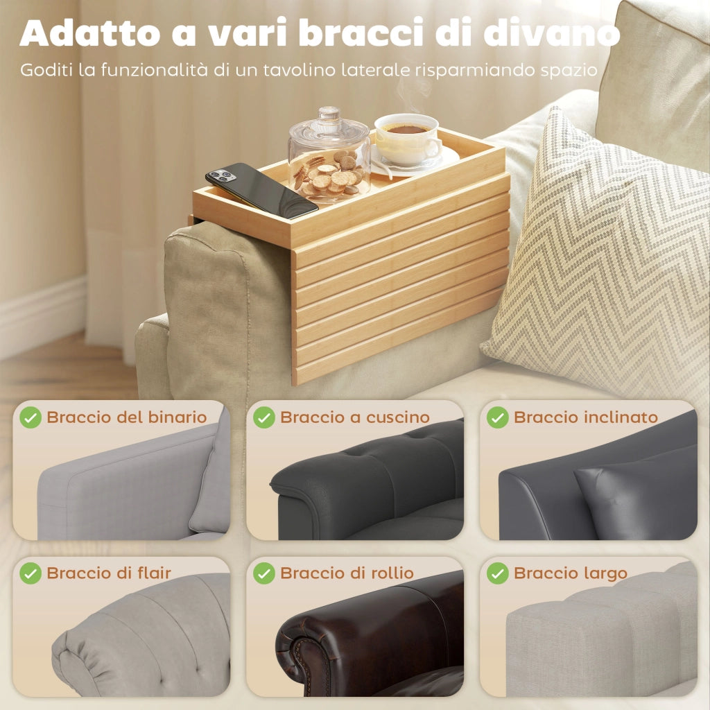 Vassoio da divano per bracciolo in legno di bambù, tappetino flessibile e antiscivolo, pratico e salvaspazio per casa, colore naturale