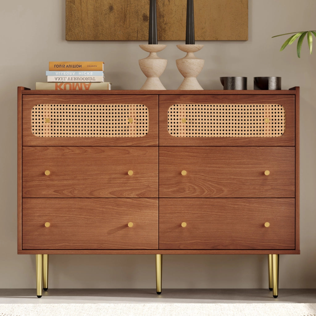 Cassettiera con 6 cassetti e 2 pannelli in rattan, finitura noce, per camera da letto, legno e metallo, 120 × 40 × 90 cm