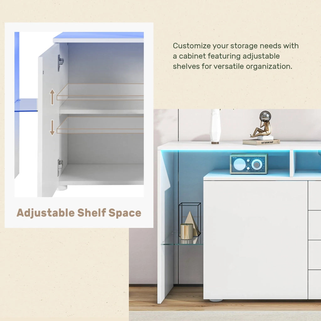Comò e Sideboard con LED, Mobile Soggiorno Bianco Lucido, Credenza TV, Highboard Multiuso per Sala da Pranzo