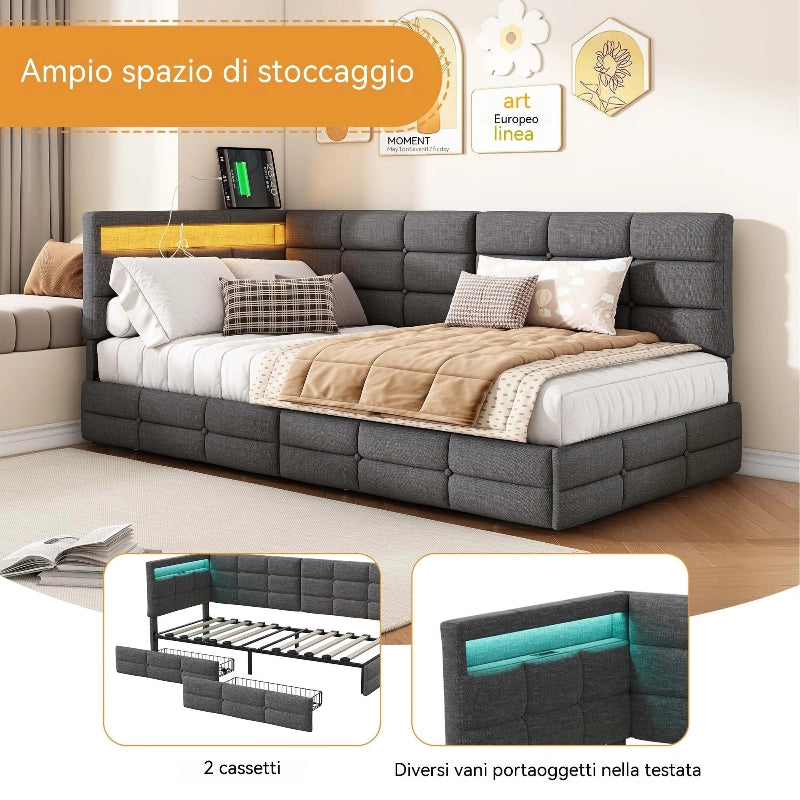 Divano letto multifunzionale 90x200 cm; letto imbottito a L con LED e USB; Letto Singolo con Rete a doghe e Testiera con Contenitore; Lino Grigio