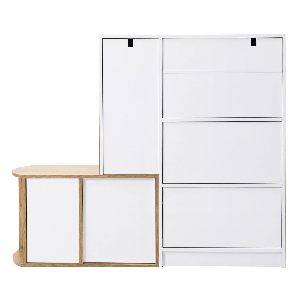 Scarpiera, mobile da ingresso, con seduta, cassetti, ripiani aperti, 130 x 35 x 110,5 cm, bianco e color legno naturale