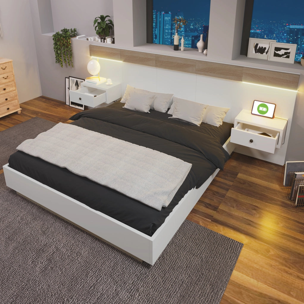 Letto matrimoniale 140 x 200 cm con 2 comodini LED e prese USB/USB-C
