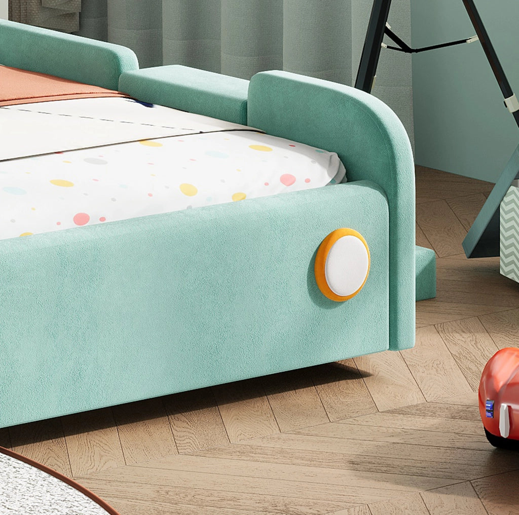 Letto per bambini a forma di auto con scivolo e scala 140x200 cm in velluto blu verde