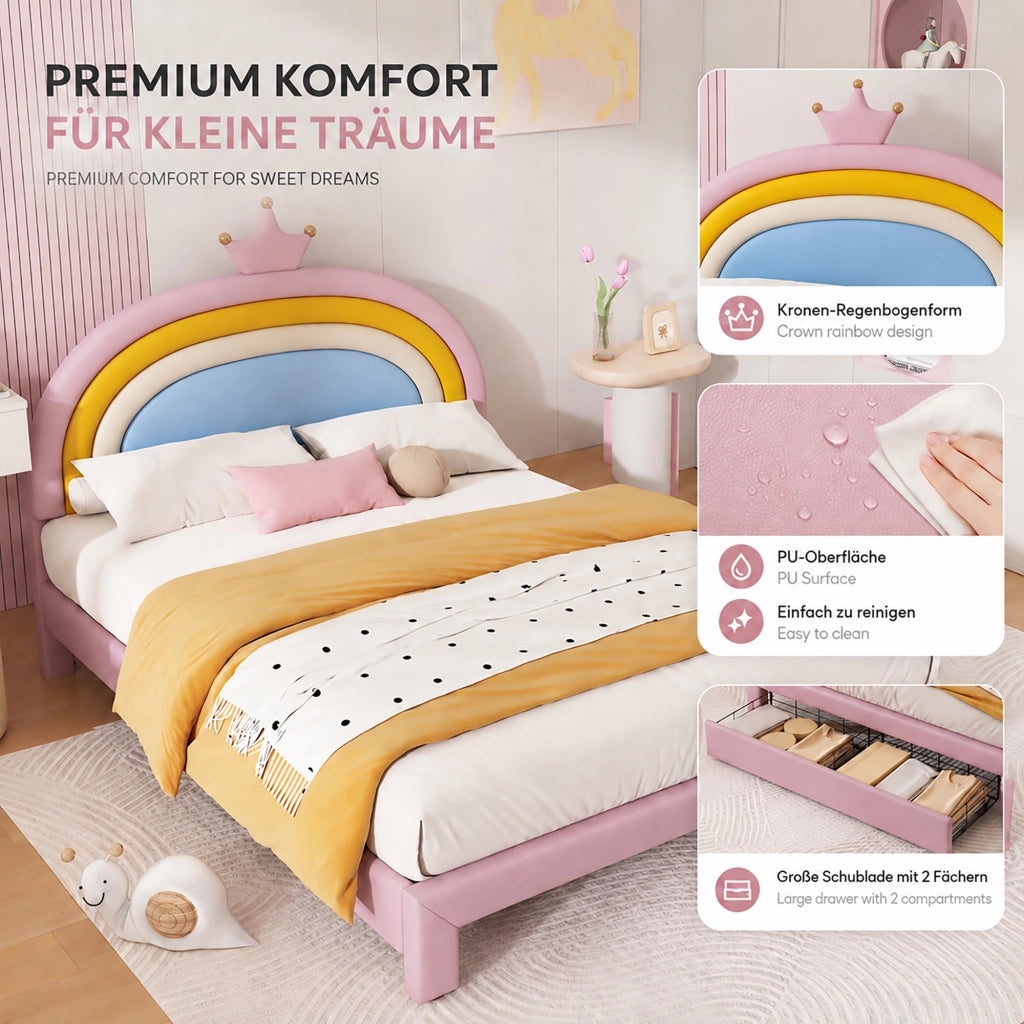 Letto per bambini 140 × 200 cm con 2 cassetti e testiera regolabile, senza materasso, con rivestimento in PU rosa