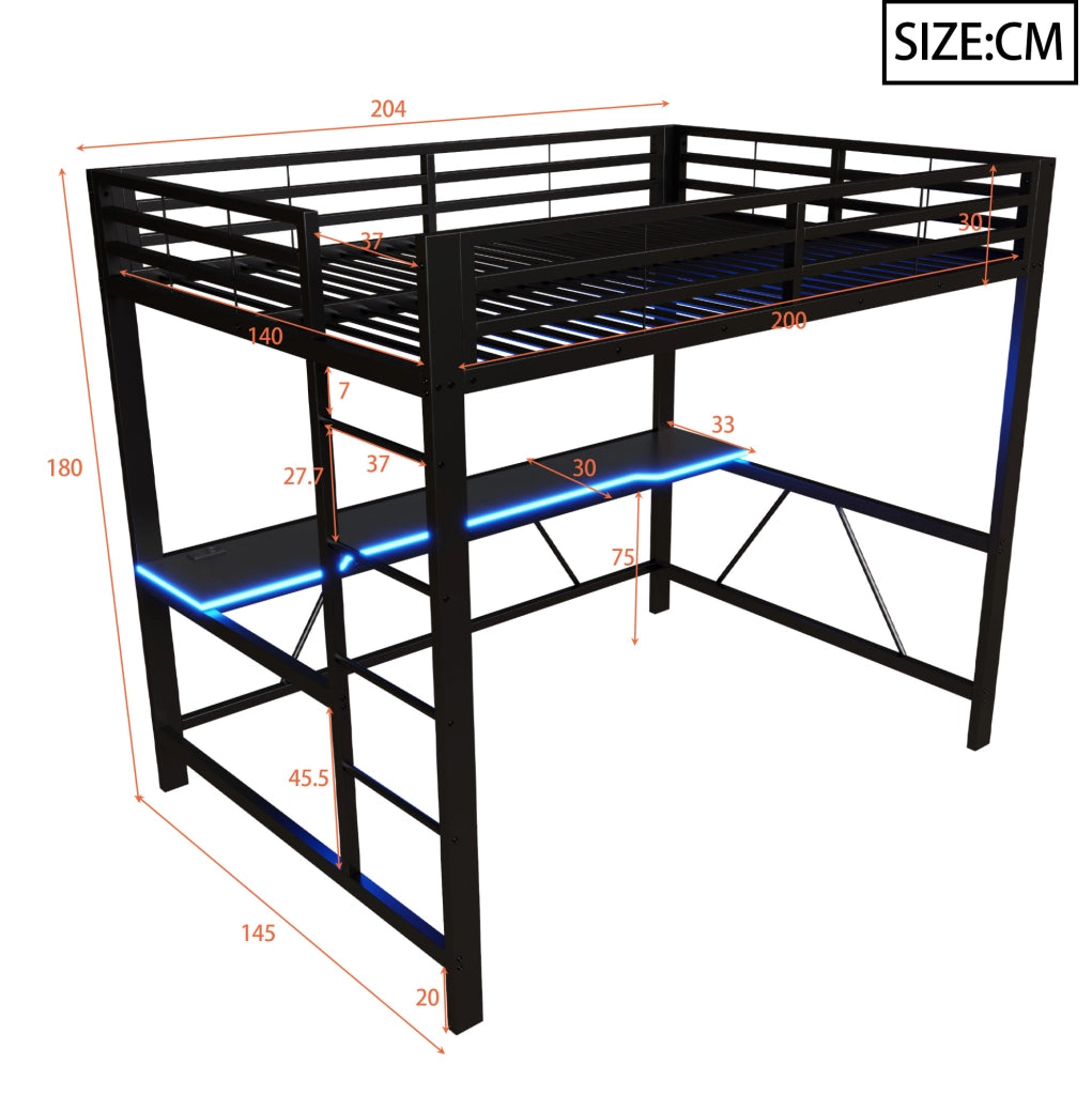 Letto a soppalco in metallo nero 140x200 con scrivania, illuminazione LED e stazione di ricarica USB