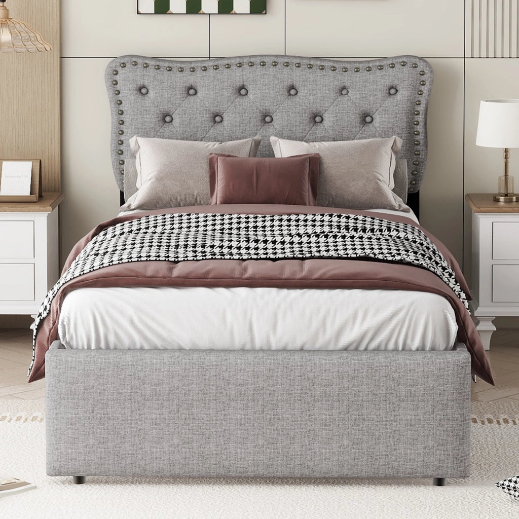 LETTO imbottito 90x200 cm con 2 cassetti in MDF e lino grigio