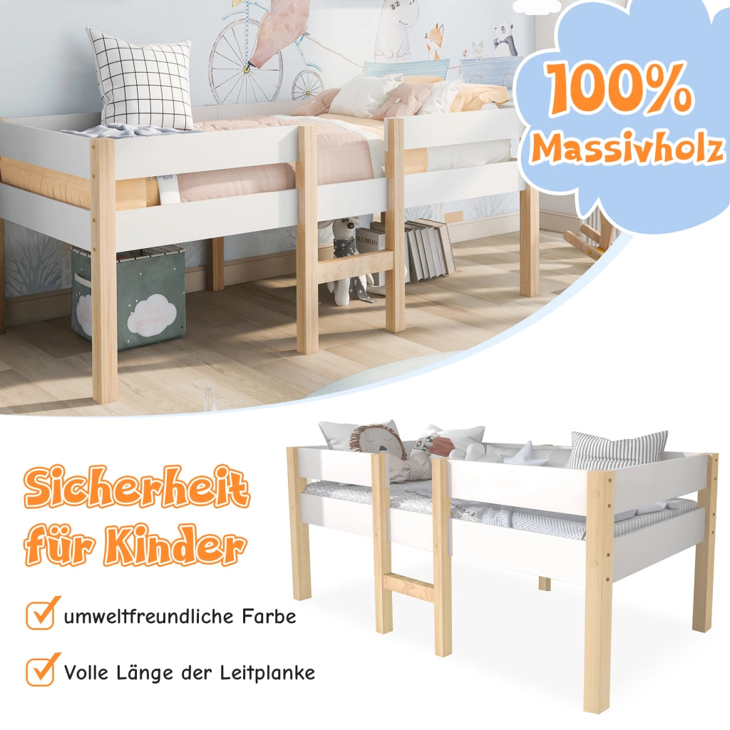 Letto a soppalco 90 × 200 cm con due cassetti e barriera di protezione in legno bianco