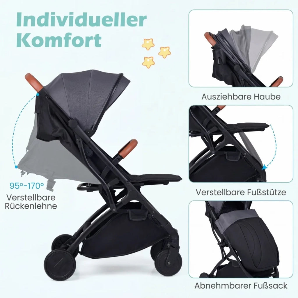 Foldable stroller with rain cover & adjustable backrest & footrest, travel buggy, grey
