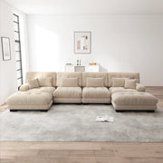 Divano modulare 406x145 cm in ciniglia color caffè chiaro con ottomane mobili; configurazione a U o angolare